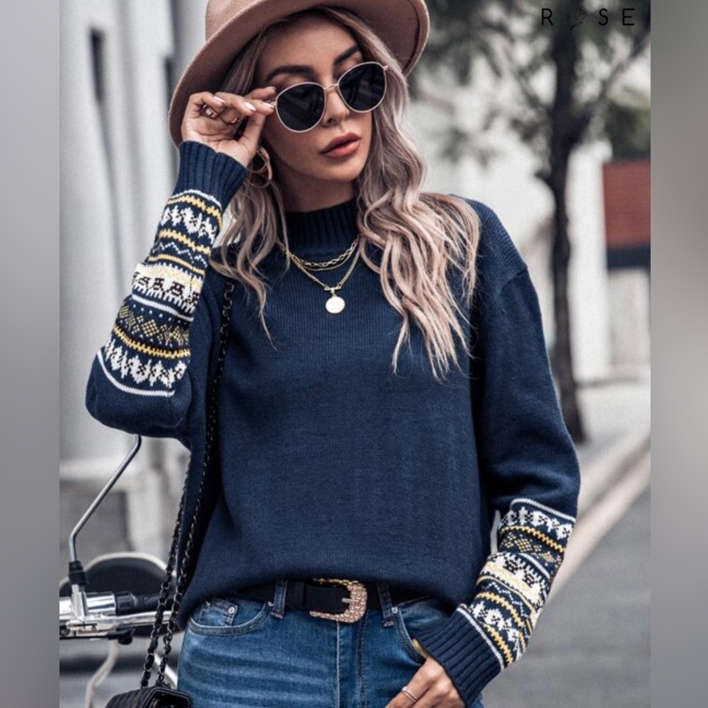EMERY ROSE Geo Pattern Mock Neck Sweater